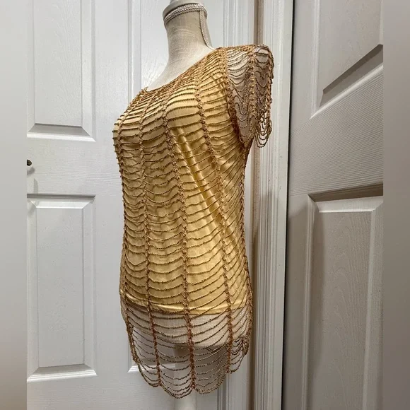 Vintage Gold Mesh Golden Beaded Overlay size L - Picture 3 of 11
